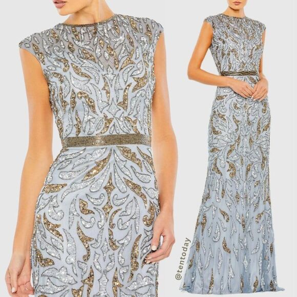 Mac Duggal 5532 Size 4 Blue Gold Beaded Sequined Column Gown Long Maxi Dress - Picture 1 of 6